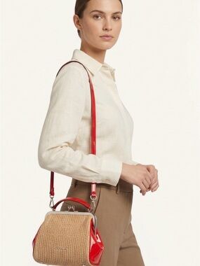 Pulicati Orange Leather Trim Woven Crossbody Satchel